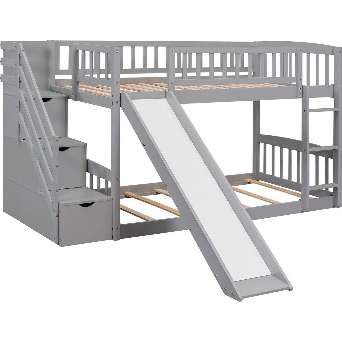 Stairway Twin over Twin Bunk Bed with Two Drawers and Slide, Gray