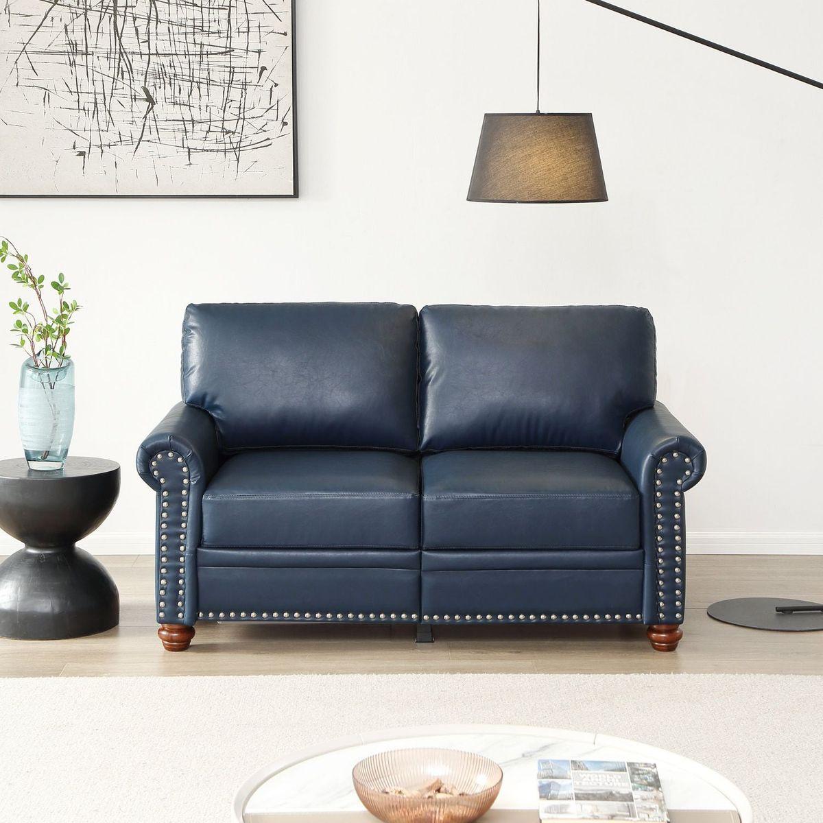 Living Room Sofa Loveseat Chair Navy Blue Faux Leather