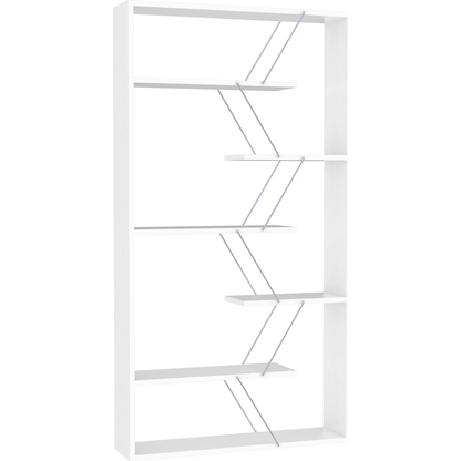 Furnish Home Store Wood Frame Etagere Open Back 6 Shelves Bookcase Industrial Bookshelf for Office and Living Rooms Modern Bookcases Large Bookshelf Organizer, White/Chrome