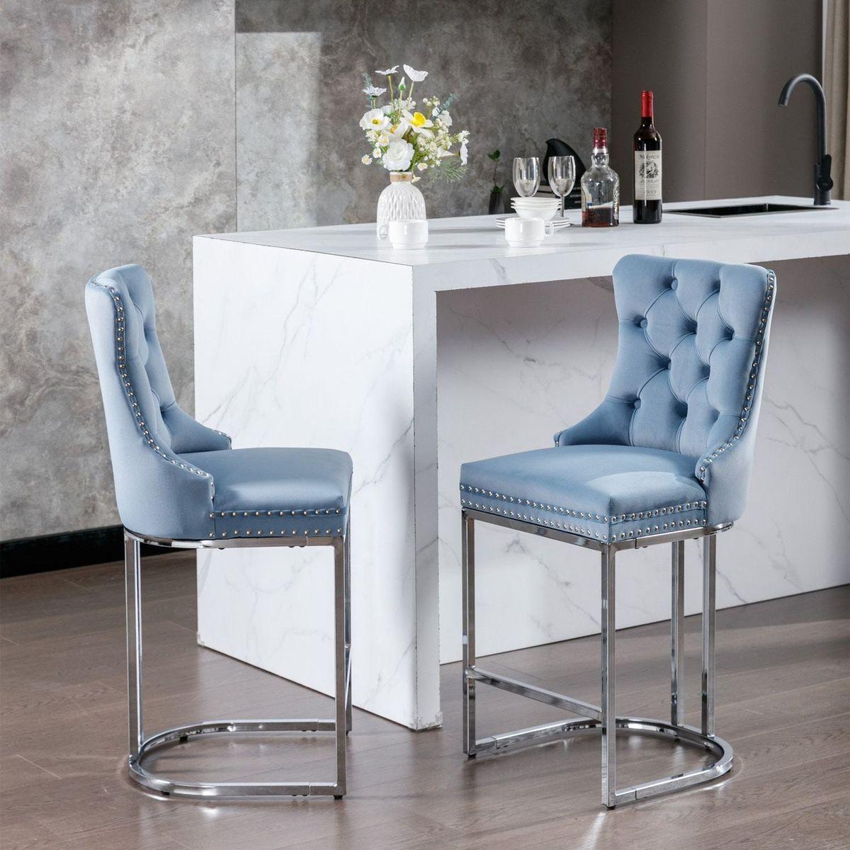 26" Counter Height Bar Stools Set of 2, Modern Velvet Barstools with Button Back&Rivet Trim Upholstered Kitchen Island Chairs with Sturdy Chromed Metal Base Legs Farmhouse Bar Stools, Light Blue, 2 Pack