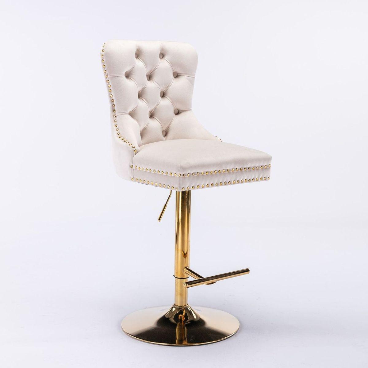 Furniture, Thick Golden Swivel Velvet Barstools Adjusatble Seat Height from 27-35 Inch, Modern Upholstered Bar Stools with Backs Comfortable Tufted for Home Pub and Kitchen Island (Beige, Set of 2) - Streamdale Furniture
