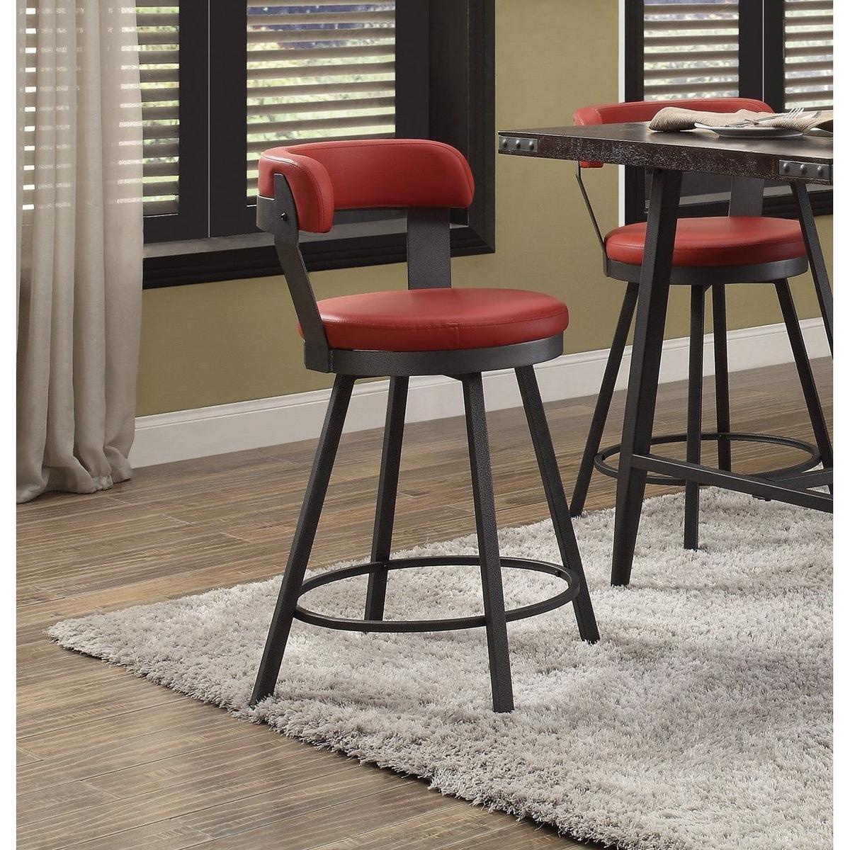 Metal Base 24-inch Counter Height Chairs Set of 2pc Red Seat 360-degree Swivel Faux Leather Upholstered Dining Room Furniture