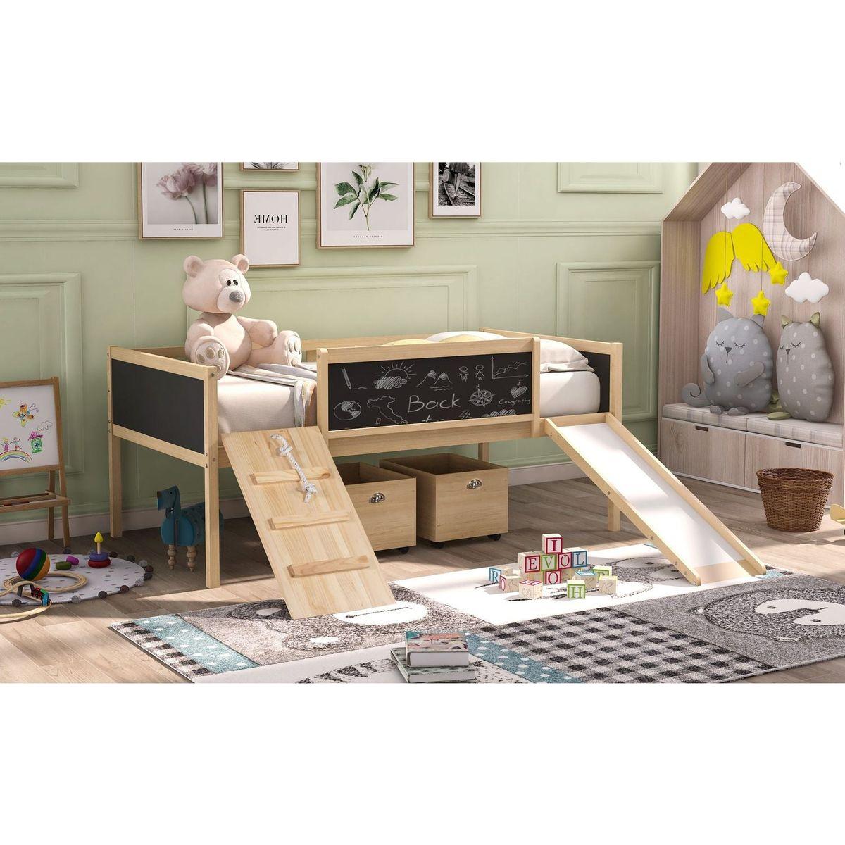 Twin size Loft Bed Wood Bed with Two Storage Boxes - Natrual ()