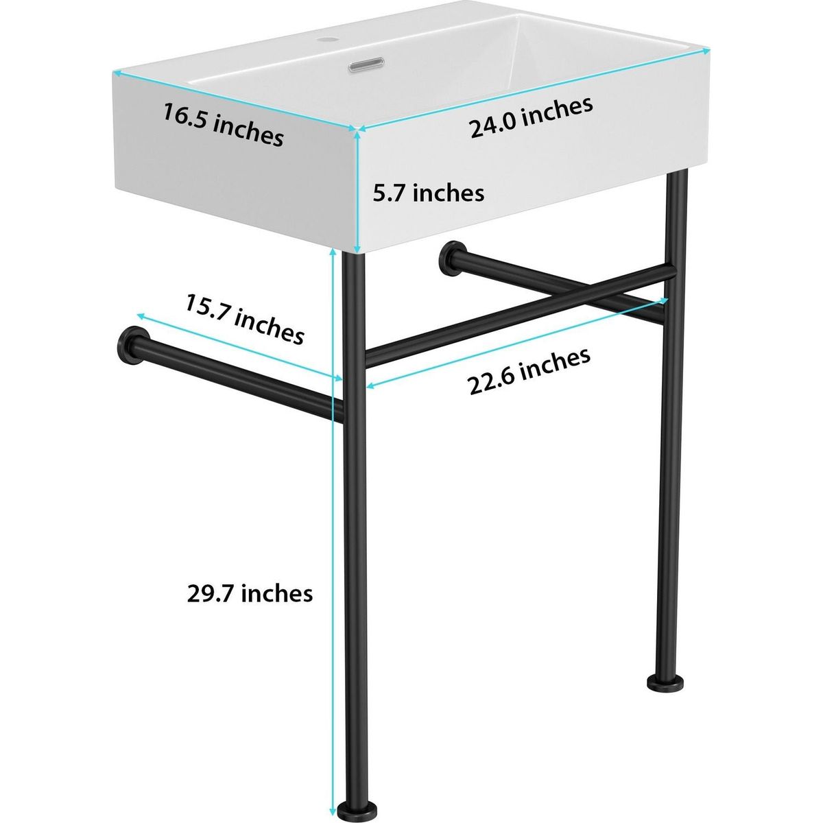 24" Bathroom Console Sink with Overflow, Ceramic Console Sink White Basin Black Legs