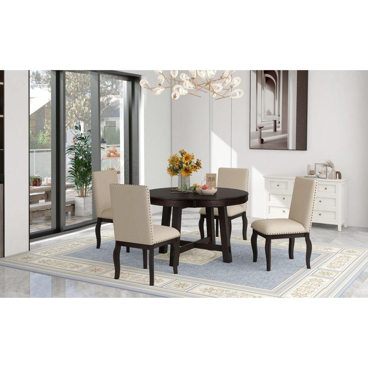 5-Piece Farmhouse Dining Table Set Wood Round Extendable Dining Table and 4 Upholstered Dining Chairs (Espresso)