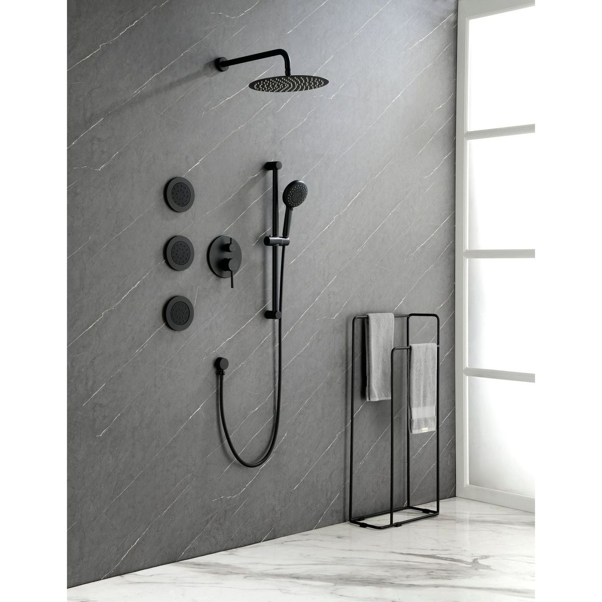 Shower System with Shower Head, Hand Shower, Slide Bar, Bodysprays, Shower Arm, Hose, Valve Trim, and Lever Handles