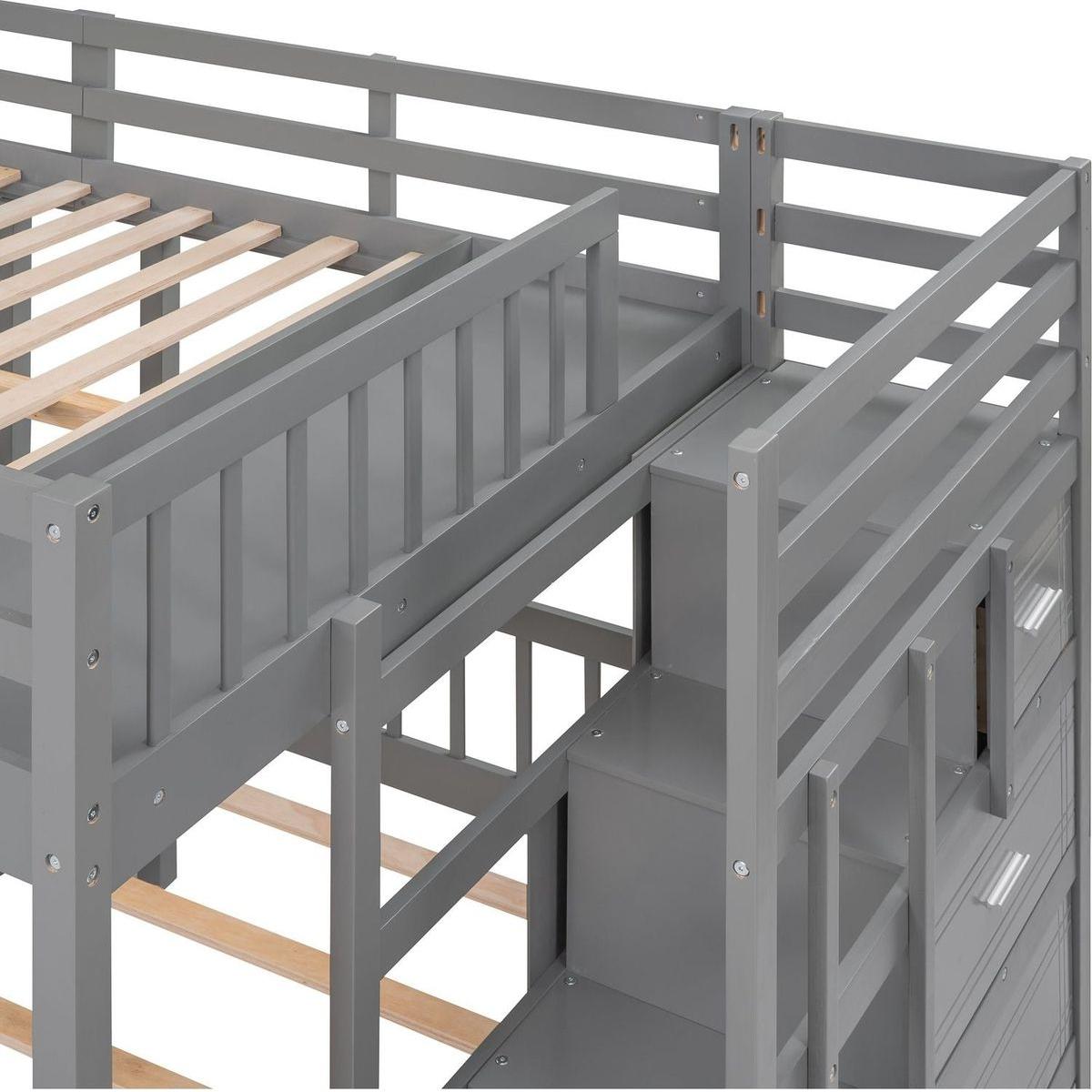Full Over Twin & Twin Bunk Bed, Wood Triple Bunk Bed with Drawers and Guardrails (Gray)