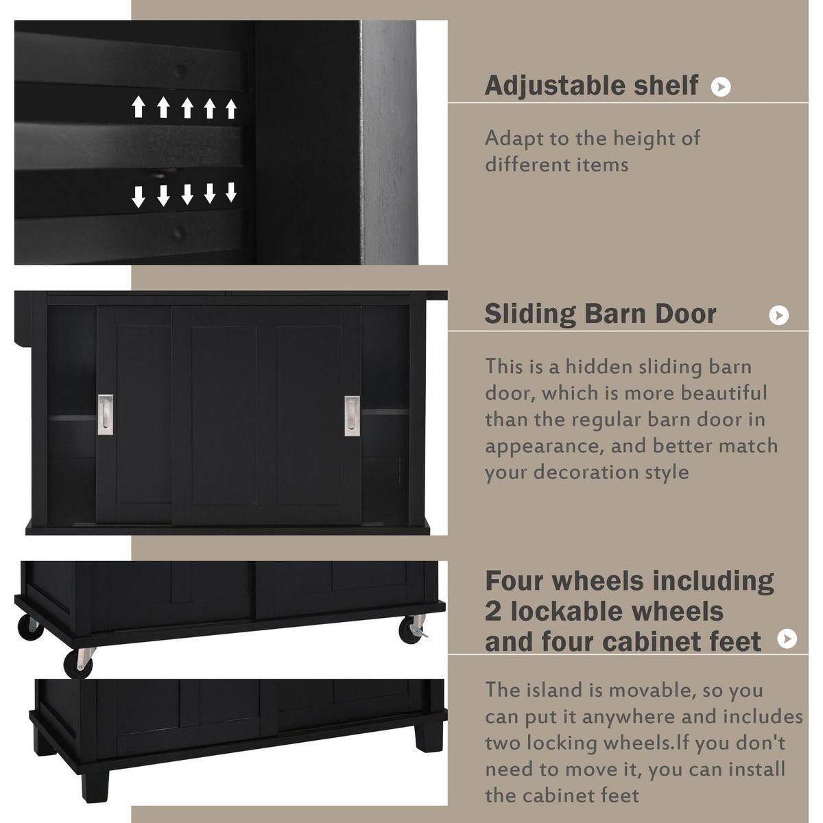 Kitchen Cart with Rubber wood Drop-Leaf Countertop, Concealed sliding barn door adjustable height, Kitchen Island on 4 Wheels with Storage Cabinet and 2 Drawers, L52.2xW30.5xH36.6 inch, Black