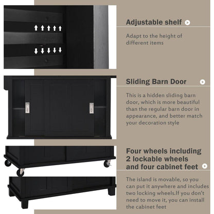Kitchen Cart with Rubber wood Drop-Leaf Countertop, Concealed sliding barn door adjustable height, Kitchen Island on 4 Wheels with Storage Cabinet and 2 Drawers, L52.2xW30.5xH36.6 inch, Black