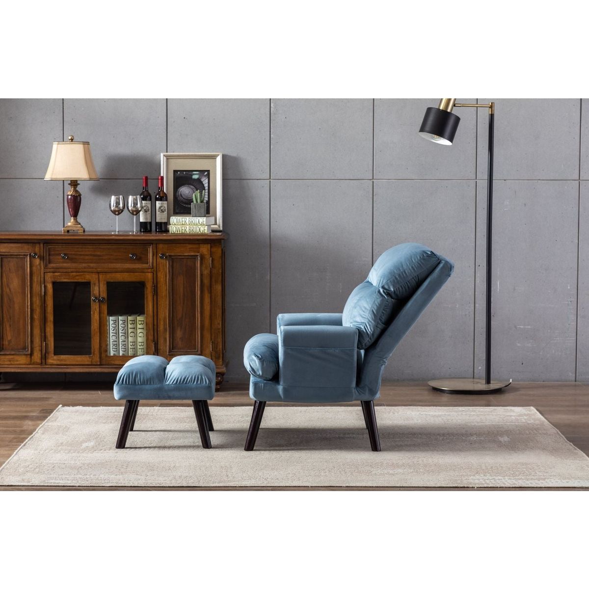 Soft Comfortable 1pc Accent Click Clack Chair with Ottoman Light Blue Fabric Upholstered Black Finish Legs Living Room Furniture