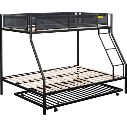 Twin over Full Metal Bunk Bed with Trundle (Wood Slat and Textilene Guardrail)