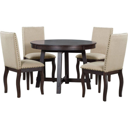 5-Piece Farmhouse Dining Table Set Wood Round Extendable Dining Table and 4 Upholstered Dining Chairs (Espresso)