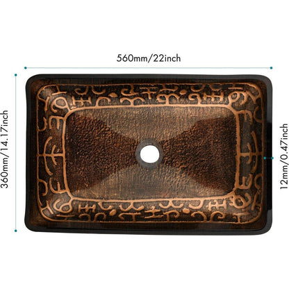 22.25" L -14.5" W -4 4-3/8 in. H Golden Handmade Glass Rectangle Vessel Bathroom Sink in Brown and Gold Fusion Finish with Faucet and Pop-Up Drain in Matte Black