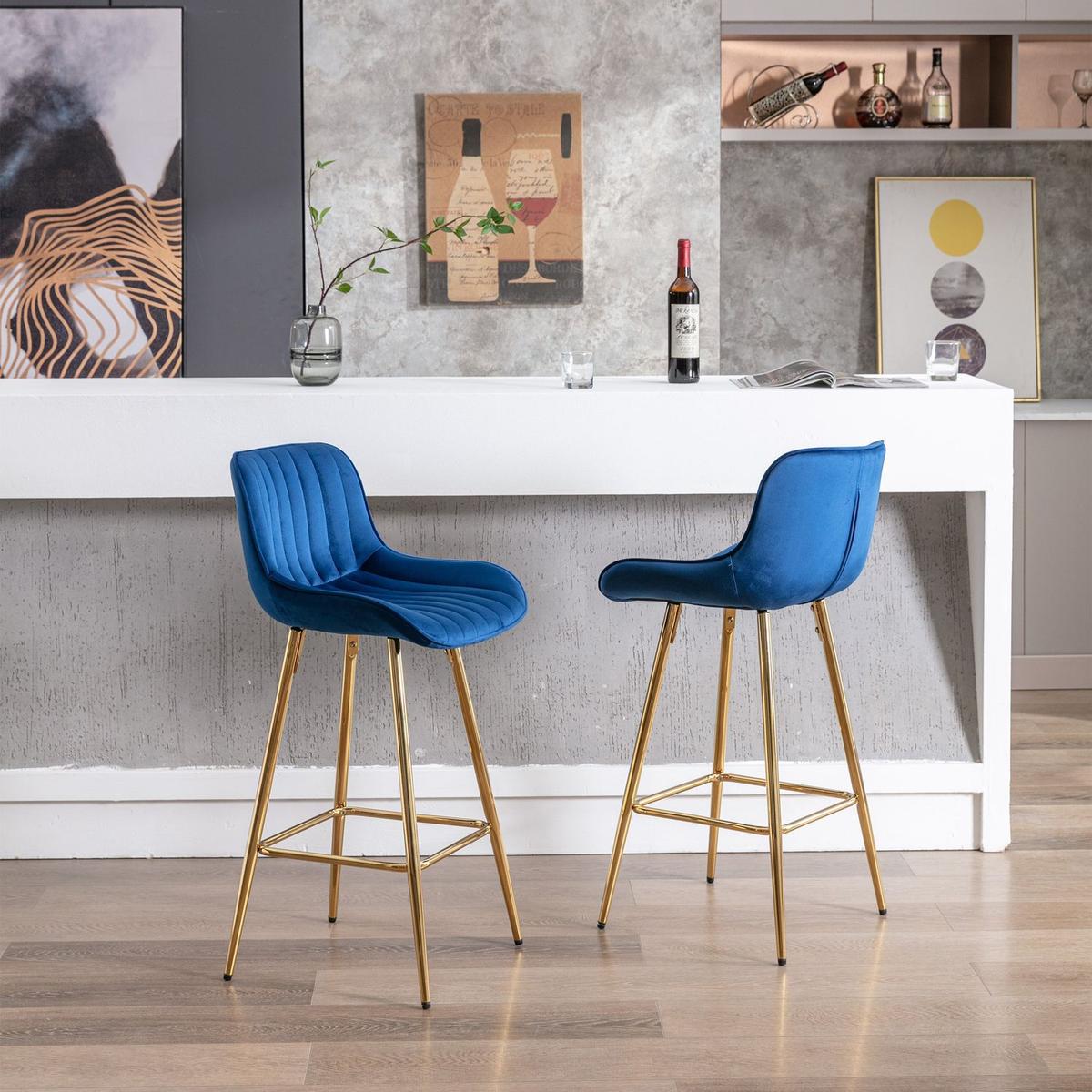 26 Inch Set of 2 Bar Stools, with Steel Frame Footrest Velvet Fabric Golden Leg Simple Bar Stool, BLUE