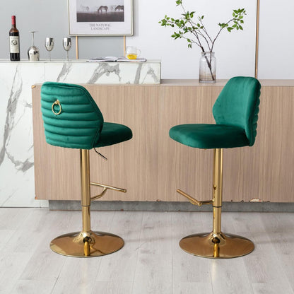 Swivel Bar Stools Chair Set of 2 Modern Adjustable Counter Height Bar Stools, Velvet Upholstered Stool with Tufted High Back & Ring Pull for Kitchen, Chrome Golden Base, Green