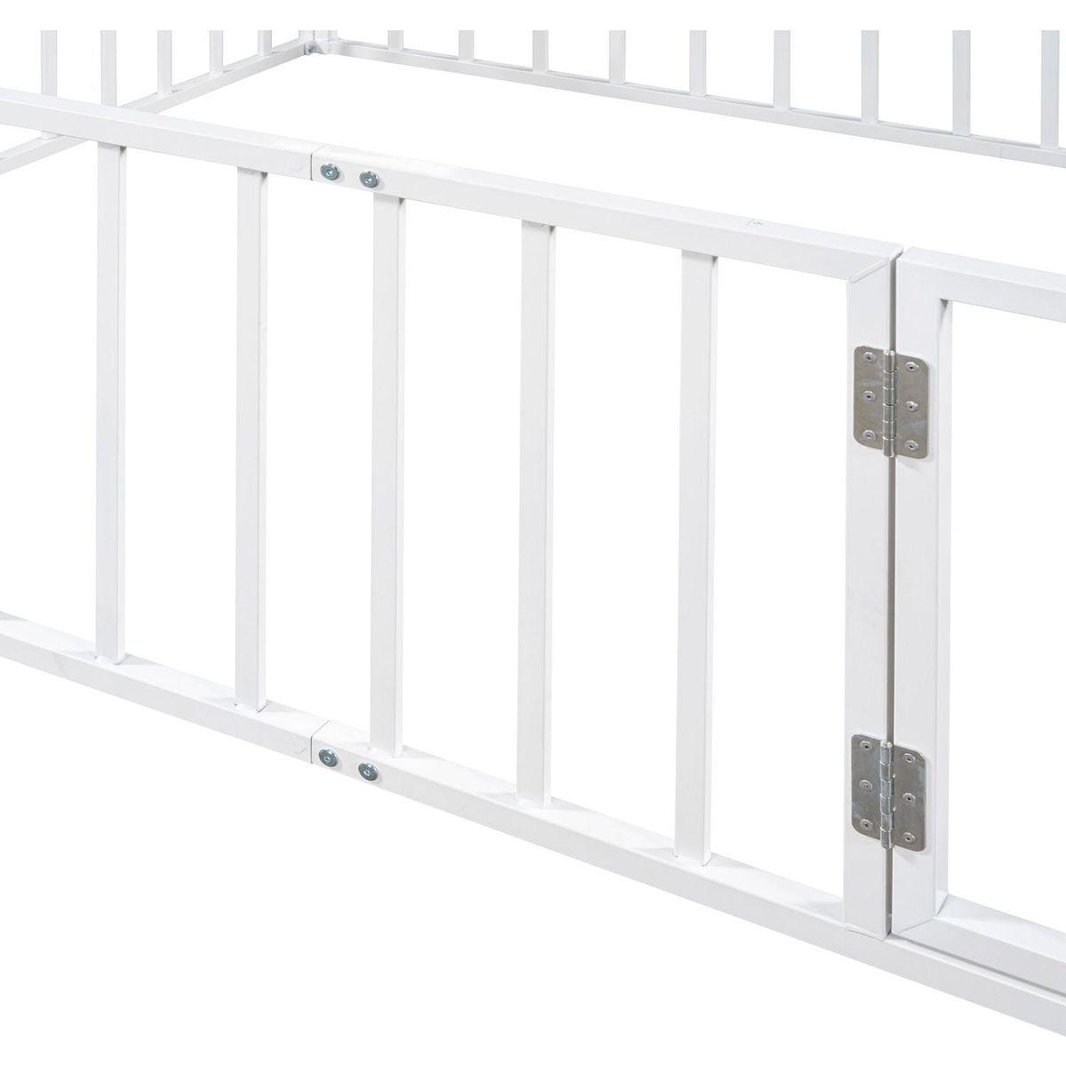 Queen Size Metal Floor Bed Frame with Fence and Door, White