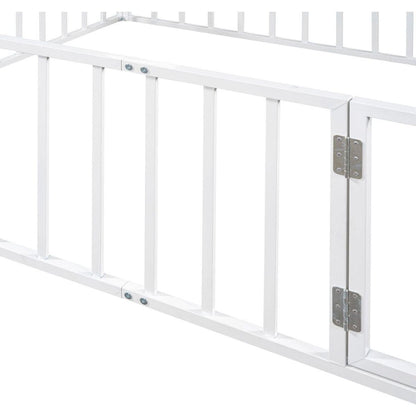 Queen Size Metal Floor Bed Frame with Fence and Door, White