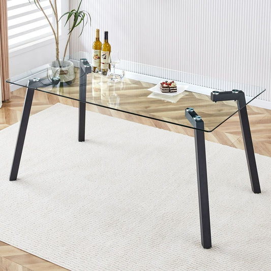 Modern Minimalist Rectangular Glass Dining Table with 0.31" Tempered Glass Tabletop and Black Coating Metal Legs, Writing Table Desk, for Kitchen Dining Living Room, 63" W x 35.4"D x 30" H 1123