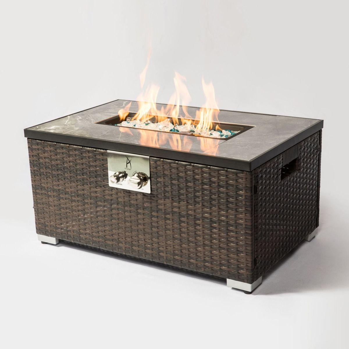 Outdoor Fire Table Gas Fire Pit Rattan gas fire table, 40,000BTU gas fire table with tile tabletop - Streamdale Furniture