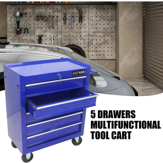 5 DRAWERS MULTIFUNCTIONAL TOOL CART WITH WHEELS-BLUE - Streamdale Furniture