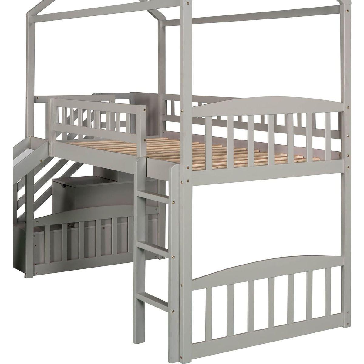 Twin Loft Bed with Two Drawers and Slide, House Bed with Slide, Gray