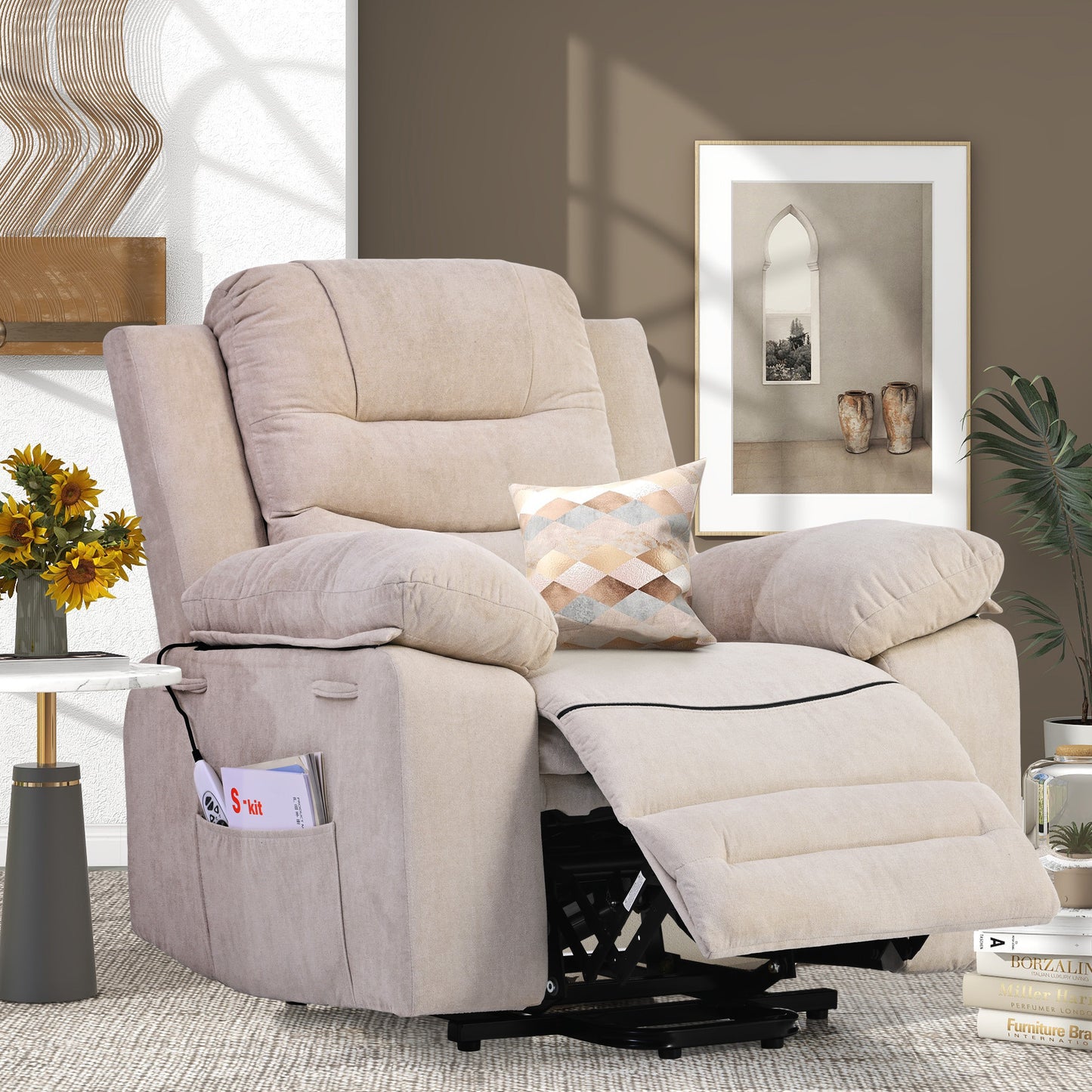 Massage Recliner, Power Lift Chair for Elderly with Adjustable Massage and Heating Function, Recliner Chair with Infinite Position and Side Pocket for Living Room, Beige