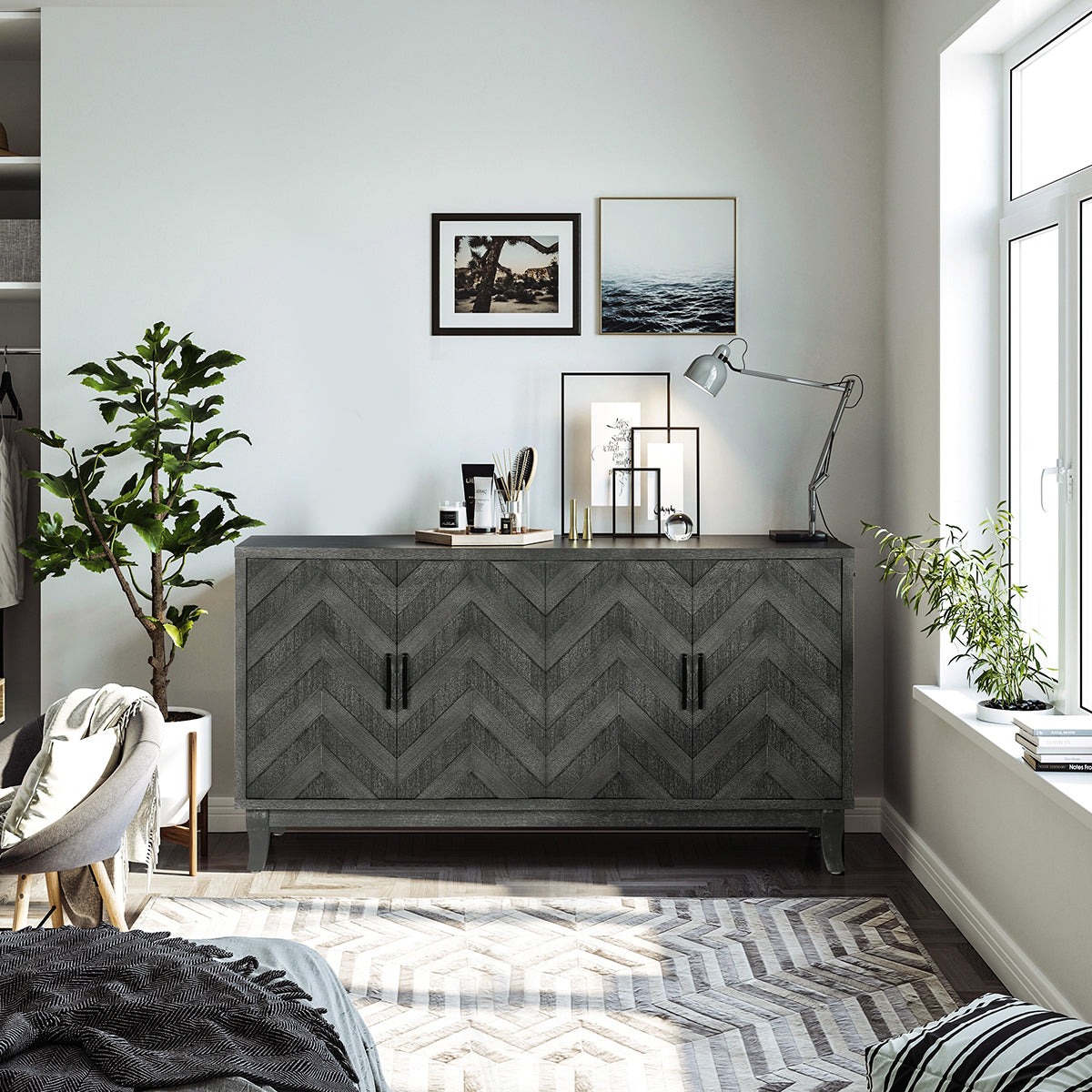 Stronger Vintage Style Buffet Cabinet, Lacquered Accent Storage 4 Door Wooden Cabinets, Thickened Sideboard Storage Cabinet for Entryway, Living Room, Taupe Grey - Streamdale Furniture