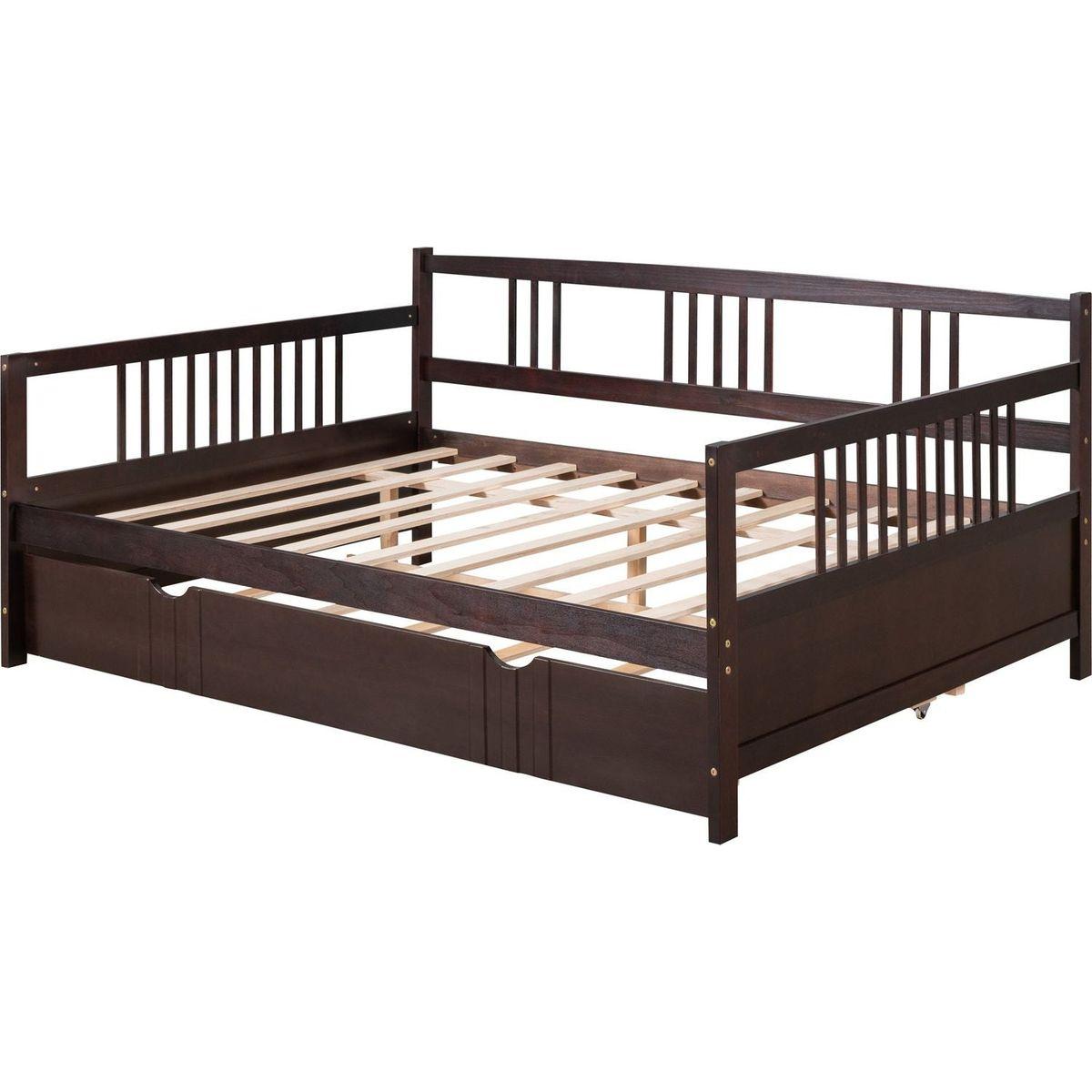 Full Size Daybed Wood Bed with Twin Size Trundle, Espresso - Streamdale Furniture
