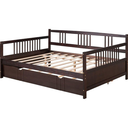 Full Size Daybed Wood Bed with Twin Size Trundle, Espresso - Streamdale Furniture