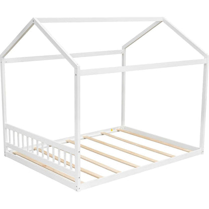 Queen Size Wooden House Bed with Headboard, White - Streamdale Furniture