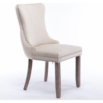 Upholstered Wing-Back Dining Chair with Backstitching Nailhead Trim and Solid Wood Legs, Set of 2, Beige, 8809BG, KD