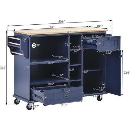 Kitchen Island Cart with Storage Cabinet and Two Locking Wheels,Solid wood desktop,Microwave cabinet,Floor Standing Buffet Server Sideboard for Kitchen Room,Dining Room,, Bathroom(Dark blue)