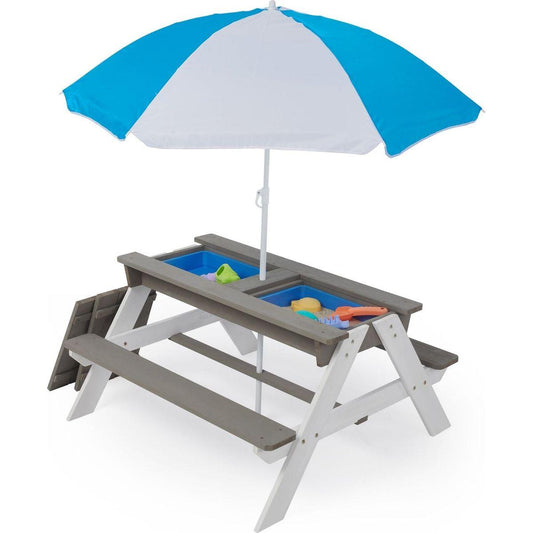 3-in-1 Kids Outdoor Wooden Picnic Table With Umbrella, Convertible Sand & Wate, Gray ASTM & CPSIA CERTIFICATION - Streamdale Furniture