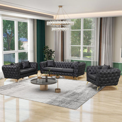 Modern 3-Piece Sofa Sets with Sturdy Metal Legs, Button Tufted Back, PU Upholstered Couches Sets Including Three Seat Sofa, Loveseat and Single Chair for Living Room Furniture Set, Black