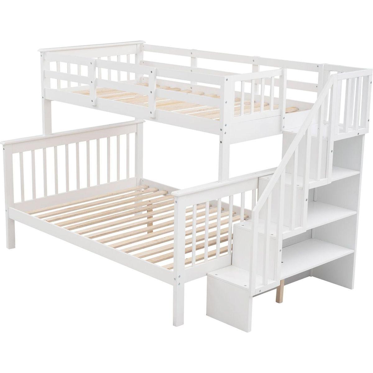 Stairway Twin-Over-Full Bunk Bed with Storage and Guard Rail for Bedroom, White color