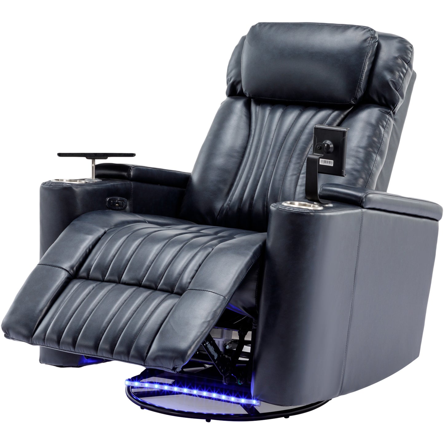 270 degree Power Swivel Recliner, Home Theater Seating With Hidden Arm Storage and LED Light Strip, Cup Holder, 360 degree Swivel Tray Table, and Cell Phone Holder, Soft Living Room Chair, Blue