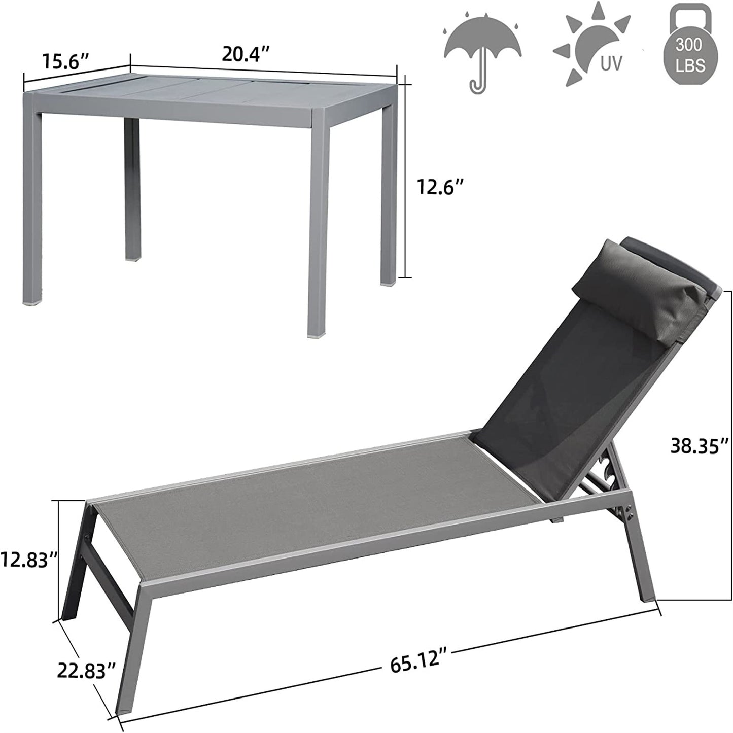 Patio Chaise Lounge Set, 3 Pieces Aluminum Adjustable Pool Lounge Chairs Textilene Sunbathing Recliner with Headrest (Grey, 2 Lounge Chairs +1 Table)