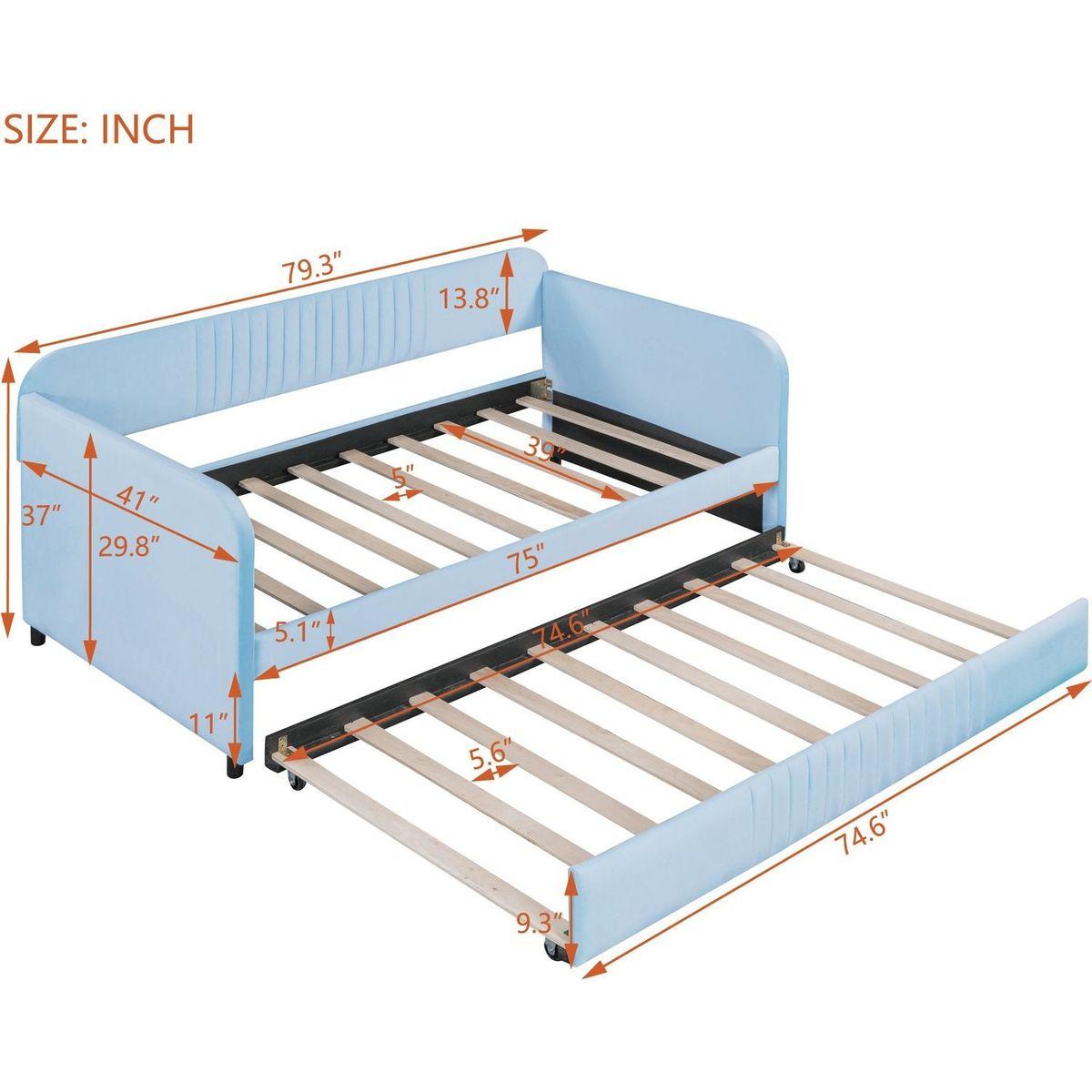 Upholstered Daybed Sofa Bed Twin Size With Trundle Bed and Wood Slat, Light Blue