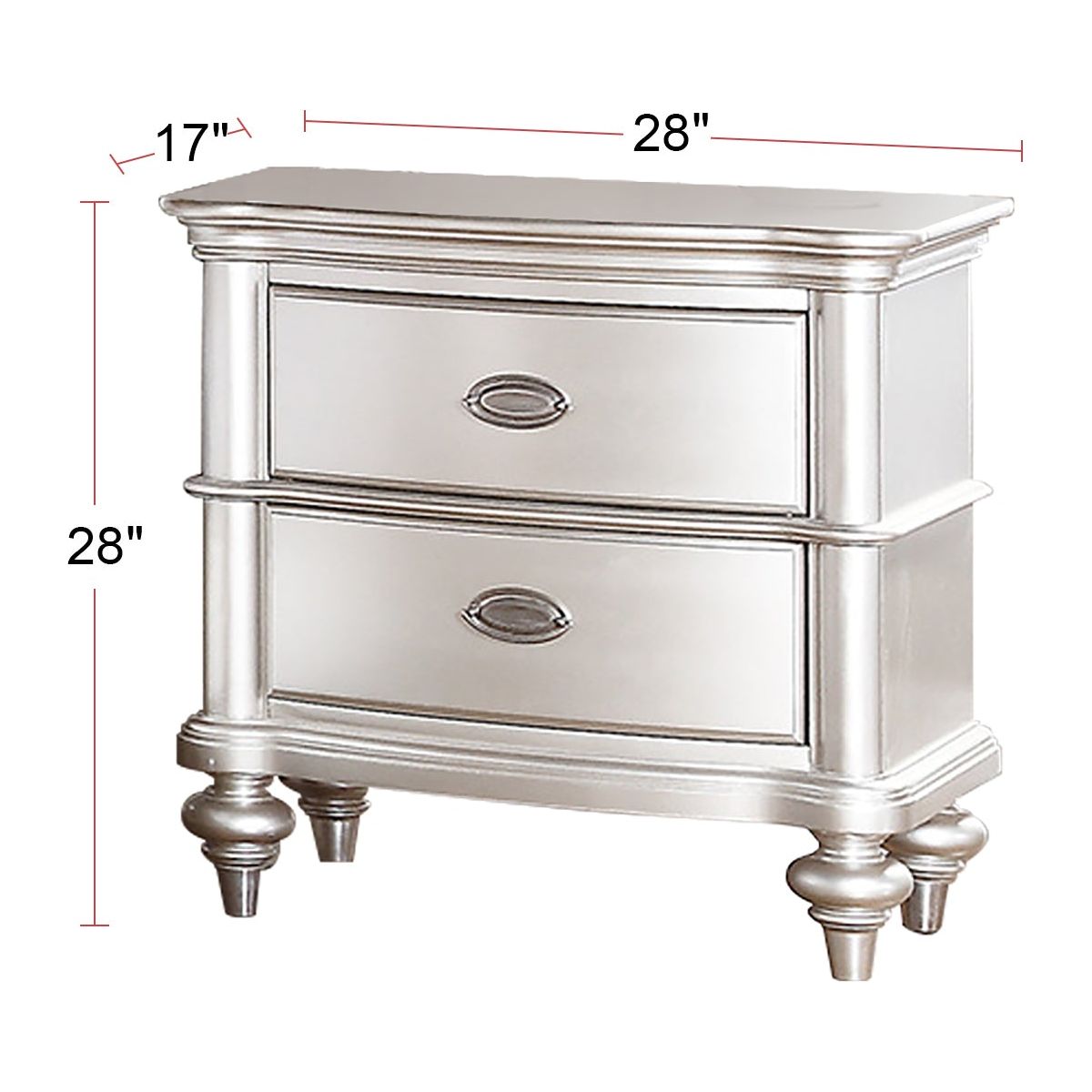 Wood Nightstand with 2 Drawer in Antique Silver