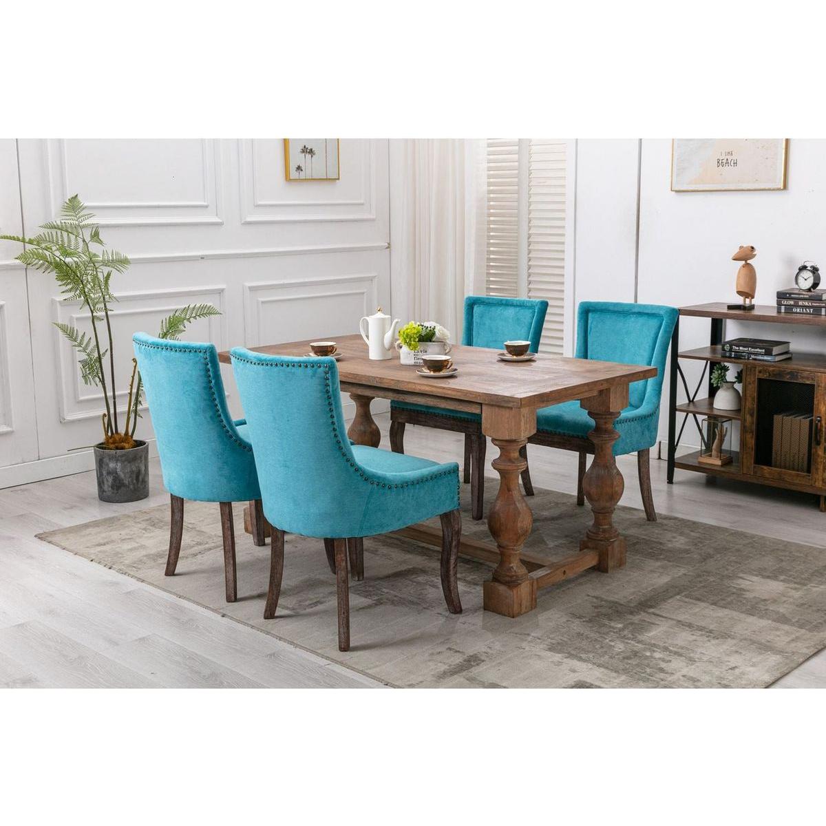 Ultra Side Dining Chair, Thickened fabric chairs with neutrally toned solid wood legs, Bronze nail head, Set of 2, Blue