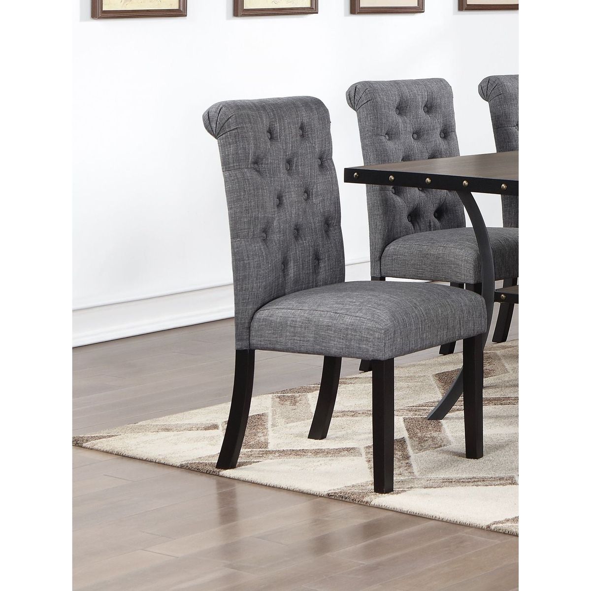 Charcoal Fabric Set of 2 Dining Chairs Contemporary Plush Cushion Side Chairs Nailheads Trim Tufted Back Chair Kitchen Dining Room