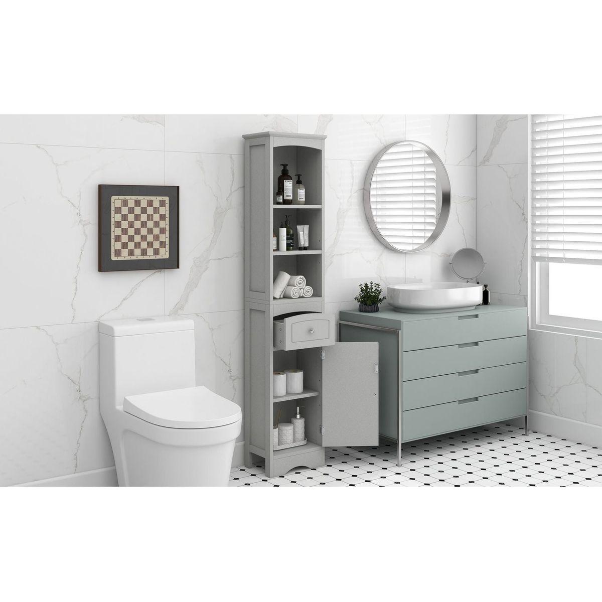 Tall Bathroom Cabinet, Freestanding Storage Cabinet with Drawer, MDF Board, Adjustable Shelf, Grey