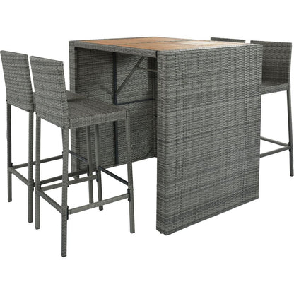 GO 5-pieces Outdoor Patio Wicker Bar Set, Bar Height Chairs With Non-Slip Feet And Fixed Rope, Removable Cushion, Acacia Wood Table Top, Brown Wood And Gray Wicker