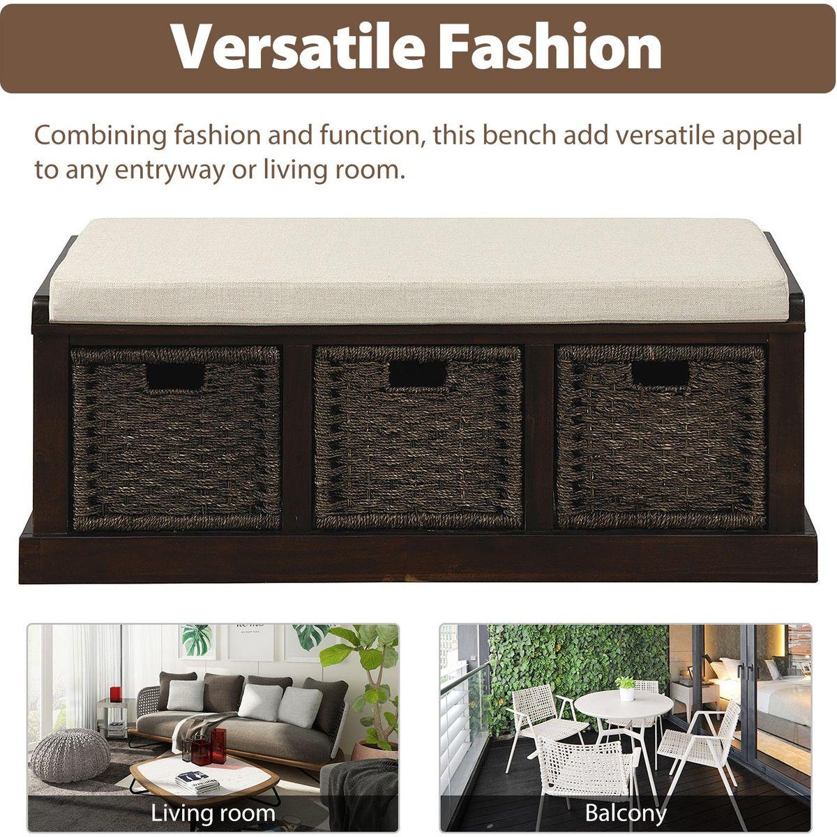 Rustic Storage Bench with 3 Removable Classic Rattan Basket, Entryway Bench with Removable Cushion (Espresso)