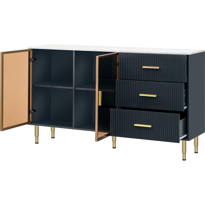 Modern Sideboard MDF Buffet Cabinet Marble Sticker Tabletop and Amber-yellow Tempered Glass Doors with Gold Metal Legs & Handles (Navy Blue)