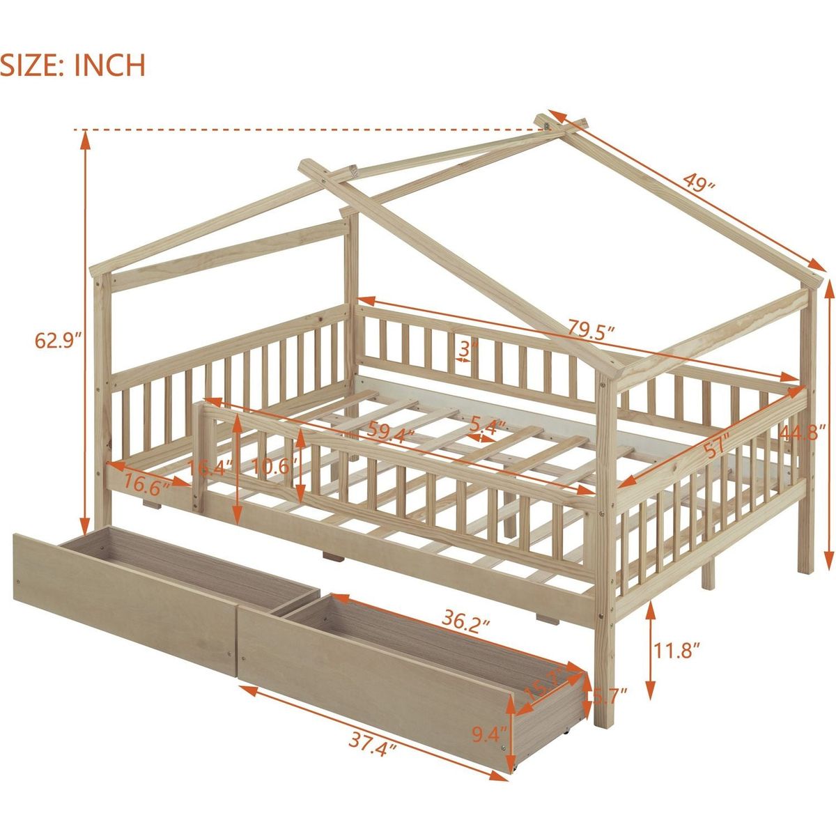 Full Size Wooden House Bed with Two Drawers, Natural