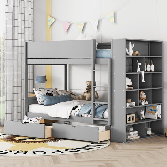 Twin over Twin Bunk Bed With 2 Drawers and Multi-layer Cabinet, Gray