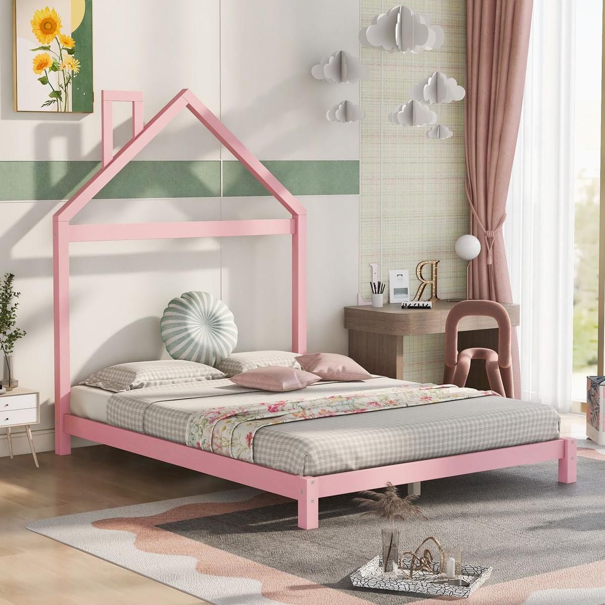 Full Size Wood Platform Bed with House-shaped Headboard (Pink)