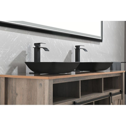 13.0" L -18.13" W -4" H Matte Shell Glass Rectangular Vessel Bathroom Sink in Black with Matte Black Faucet and Pop-Up Drain in Matte Black