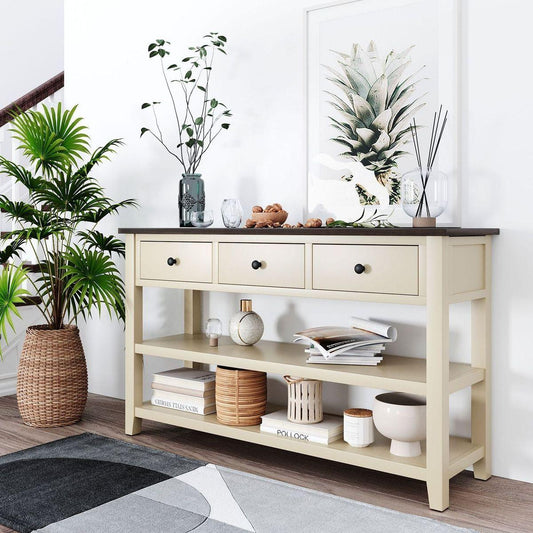 Retro Design Console Table with Two Open Shelves, Pine Solid Wood Frame and Legs for Living Room (Espresso+Beige)